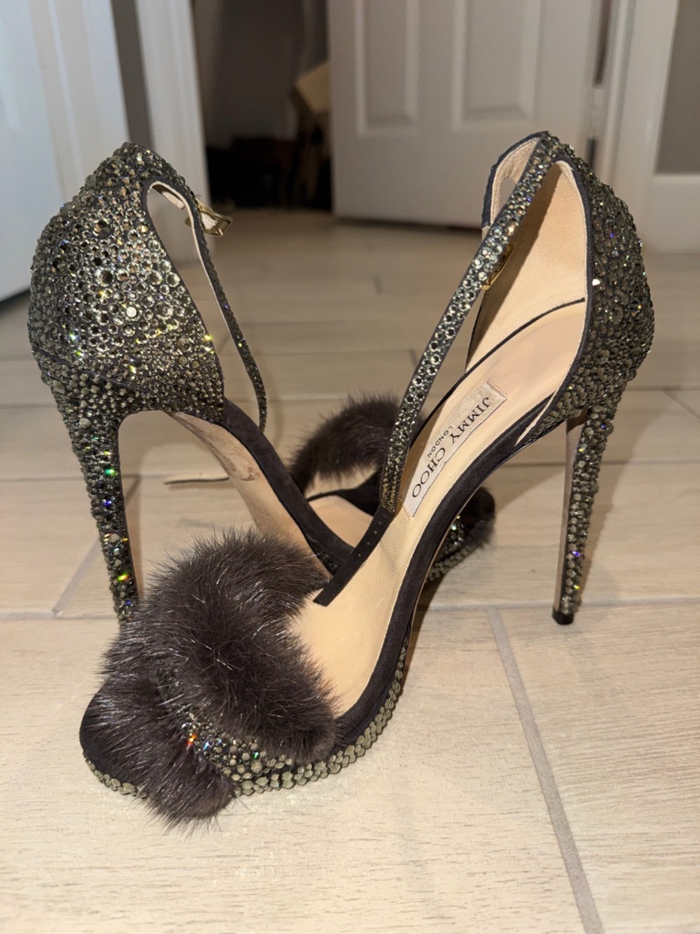 Jimmy Choo Dark Brown Fur-Trim Stiletto Sandals with Sparkle Straps